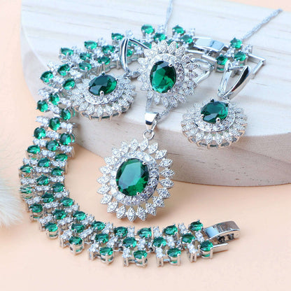 Natural Bridal Jewelry Sets Silver 925 Jewelry Ring Pendant Necklace Earrings Bracelets Wedding Blue Cubic Zircon Set For Women