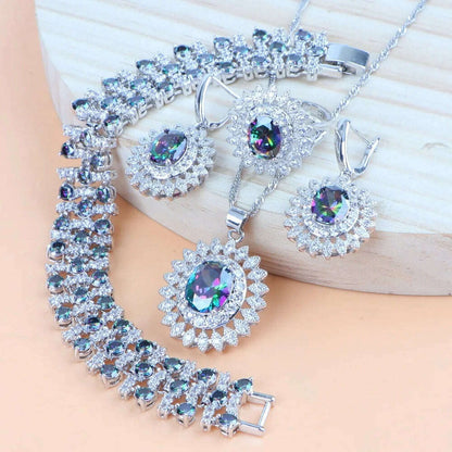 Natural Bridal Jewelry Sets Silver 925 Jewelry Ring Pendant Necklace Earrings Bracelets Wedding Blue Cubic Zircon Set For Women