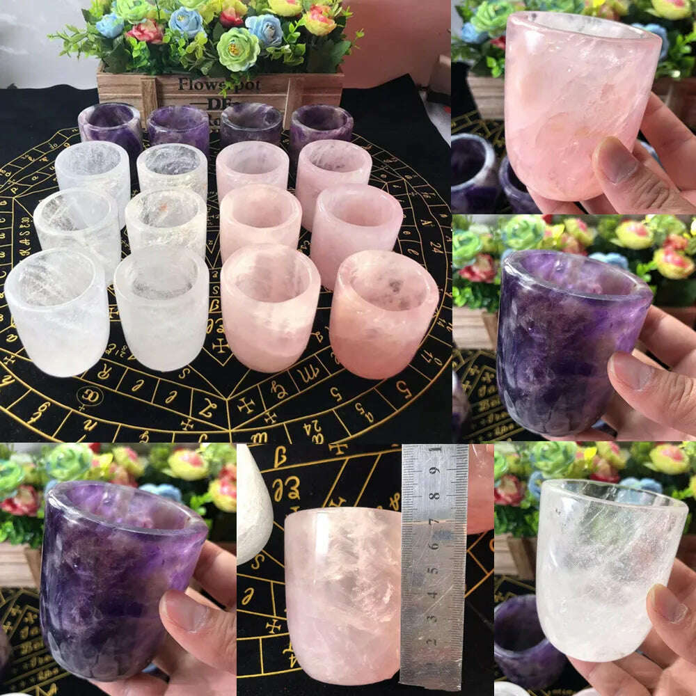 Natural Crystal Amethyst Rose Quartz White Crystal Cup Hand Curved Geode Crystal Tea Coffe Milk Mug Collection Craft Home Decor