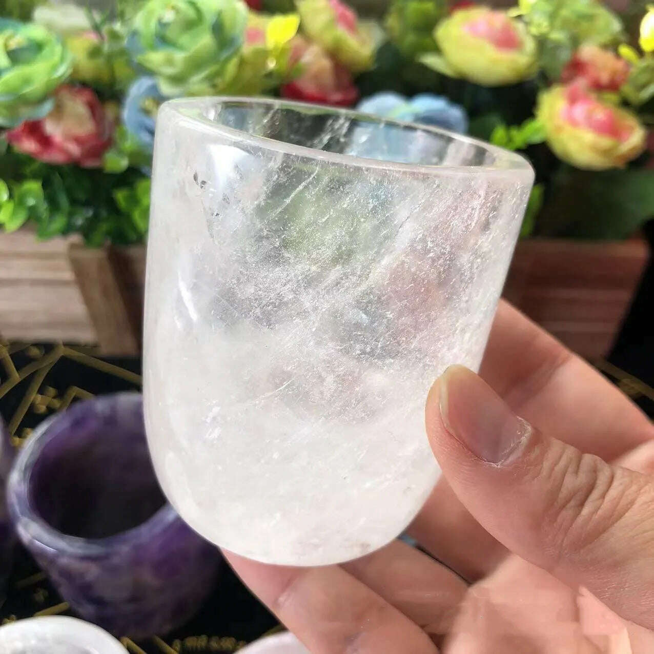 Natural Crystal Amethyst Rose Quartz White Crystal Cup Hand Curved Geode Crystal Tea Coffe Milk Mug Collection Craft Home Decor