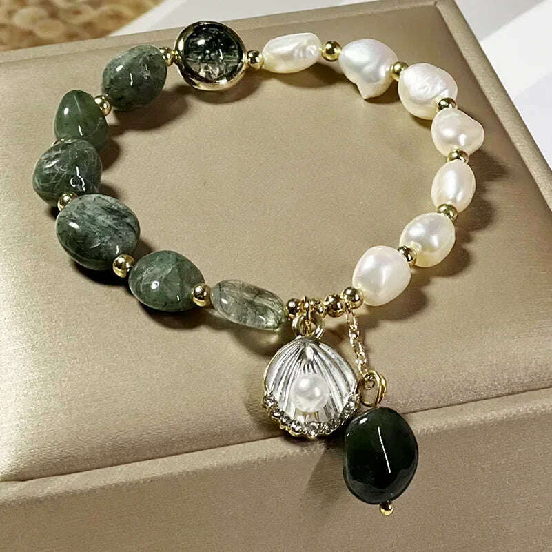 Natural Pearl Bracelet Green Crystal Original Design Women's Korean  Bangles Student Friend Birthday Jewelry Handpiece