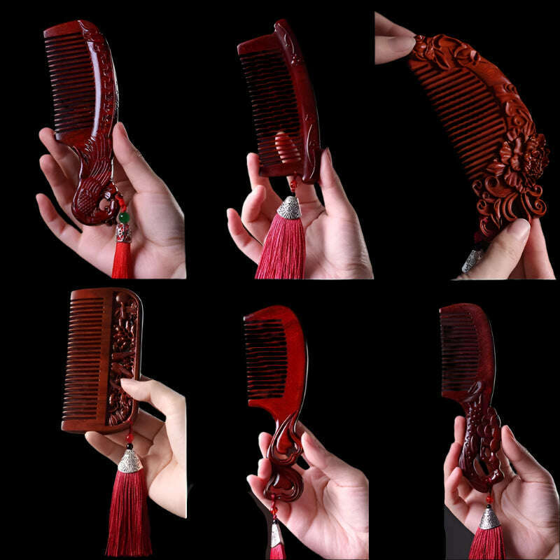 Natural Rhinoceros Horn Small Leaf Red Sandalwood Carved Wood Comb Retro Style Massage Comb Gifts with comb