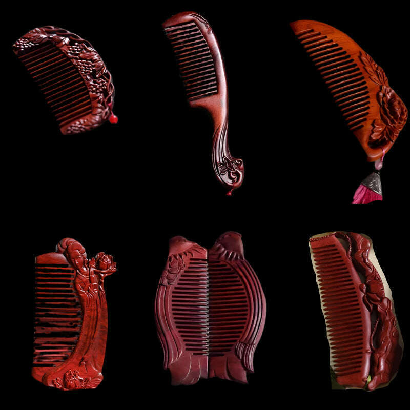 Natural Rhinoceros Horn Small Leaf Red Sandalwood Carved Wood Comb Retro Style Massage Comb Gifts with comb