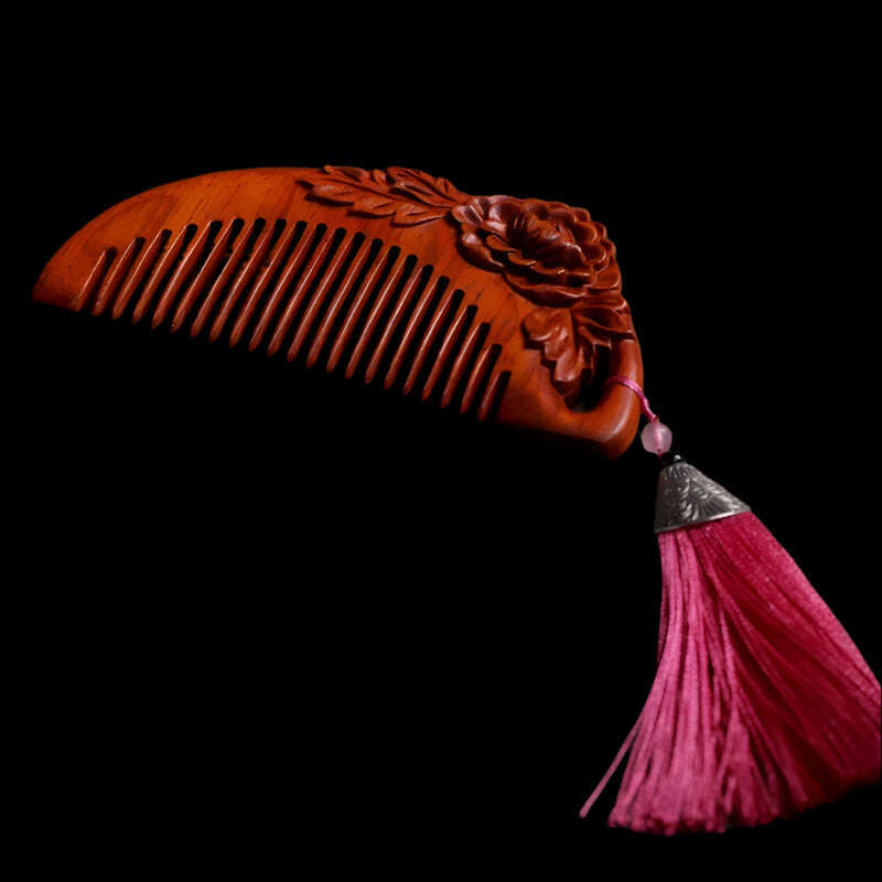 Natural Rhinoceros Horn Small Leaf Red Sandalwood Carved Wood Comb Retro Style Massage Comb Gifts with comb