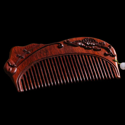 Natural Rhinoceros Horn Small Leaf Red Sandalwood Carved Wood Comb Retro Style Massage Comb Gifts with comb