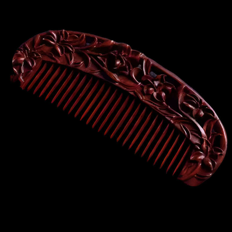 Natural Rhinoceros Horn Small Leaf Red Sandalwood Carved Wood Comb Retro Style Massage Comb Gifts with comb