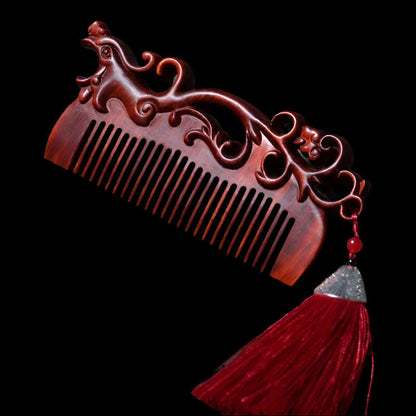 Natural Rhinoceros Horn Small Leaf Red Sandalwood Carved Wood Comb Retro Style Massage Comb Gifts with comb