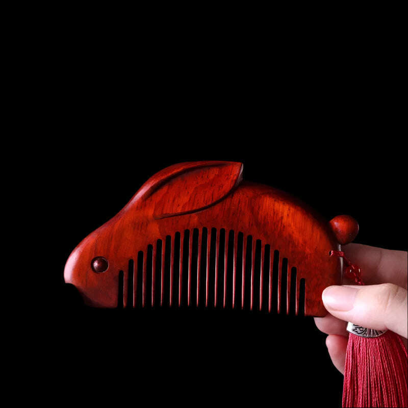 Natural Rhinoceros Horn Small Leaf Red Sandalwood Carved Wood Comb Retro Style Massage Comb Gifts with comb