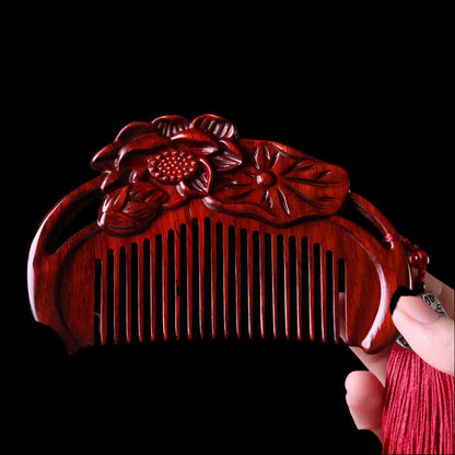Natural Rhinoceros Horn Small Leaf Red Sandalwood Carved Wood Comb Retro Style Massage Comb Gifts with comb