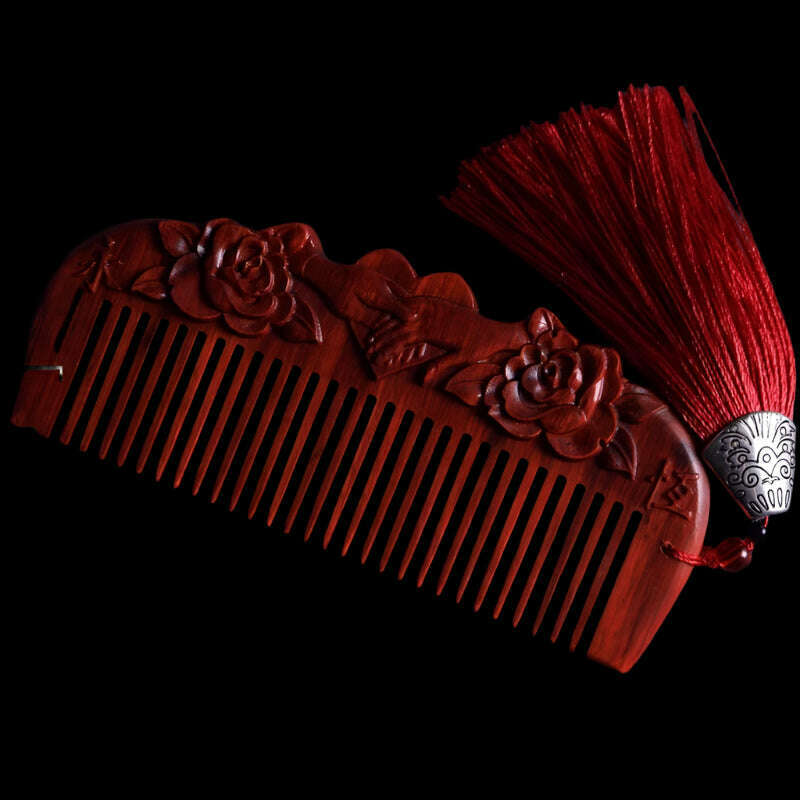 Natural Rhinoceros Horn Small Leaf Red Sandalwood Carved Wood Comb Retro Style Massage Comb Gifts with comb