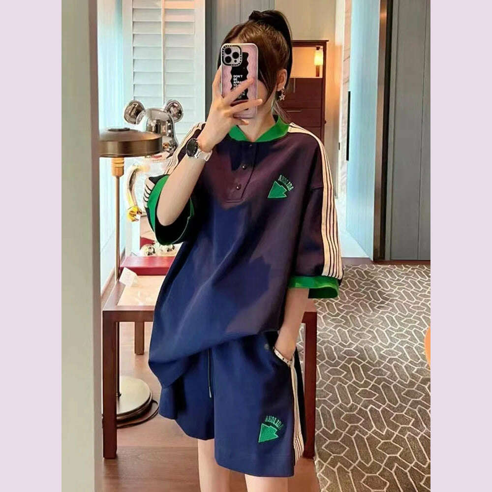 Navy Loose Side Patch Streetwear Tracksuit Summer Shirts Shorts Pants Embroidery Two Piece Sets Womens Outifits Harajuku Casual