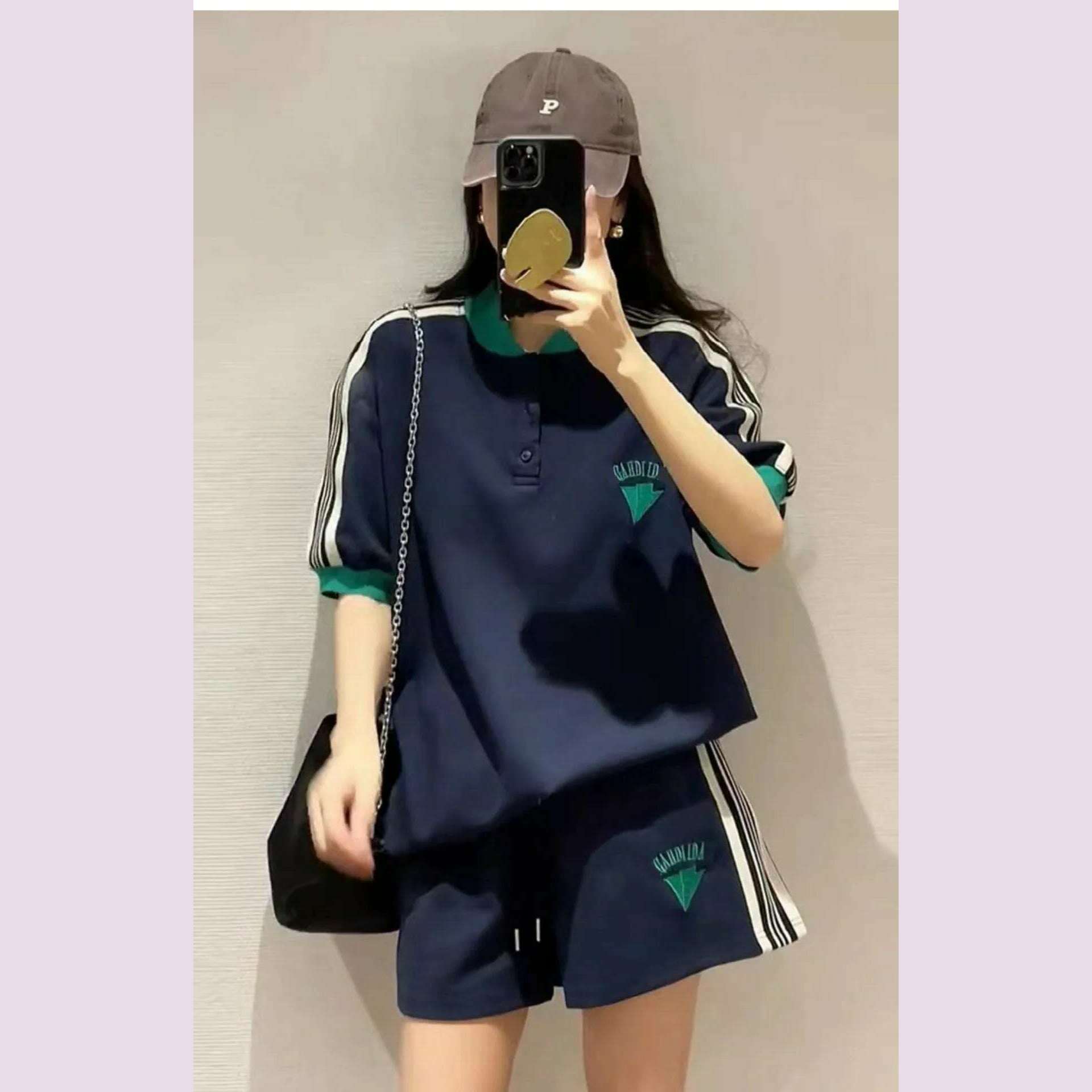 Navy Loose Side Patch Streetwear Tracksuit Summer Shirts Shorts Pants Embroidery Two Piece Sets Womens Outifits Harajuku Casual