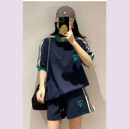 Navy Loose Side Patch Streetwear Tracksuit Summer Shirts Shorts Pants Embroidery Two Piece Sets Womens Outifits Harajuku Casual