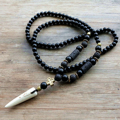 New Design Black BLava Stones Bead with Hematite cross charm pendant necklace Men's Bead Necklace