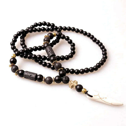 New Design Black BLava Stones Bead with Hematite cross charm pendant necklace Men's Bead Necklace