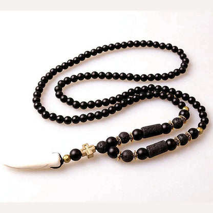 New Design Black BLava Stones Bead with Hematite cross charm pendant necklace Men's Bead Necklace