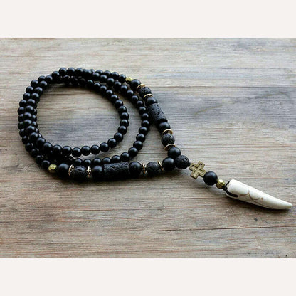 New Design Black BLava Stones Bead with Hematite cross charm pendant necklace Men's Bead Necklace