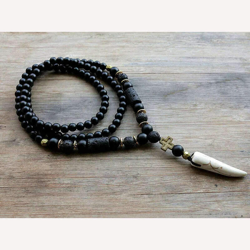 New Design Black BLava Stones Bead with Hematite cross charm pendant necklace Men's Bead Necklace