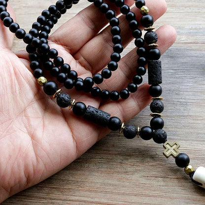 New Design Black BLava Stones Bead with Hematite cross charm pendant necklace Men's Bead Necklace