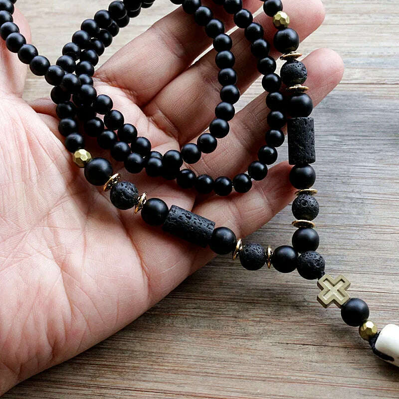 New Design Black BLava Stones Bead with Hematite cross charm pendant necklace Men's Bead Necklace