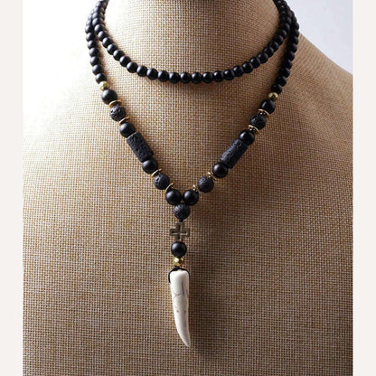 New Design Black BLava Stones Bead with Hematite cross charm pendant necklace Men's Bead Necklace