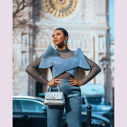New Designed 2 Pieces Set High Neck Full Sleeve Dresses Suits Women Jacket Pencil Pants Prom Party Custom Made