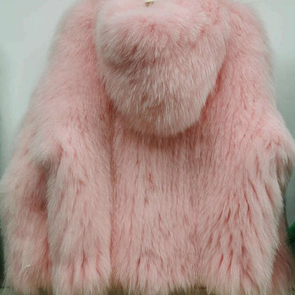New  Double sided woven 100% fox fur coat, length 110cm hooded coat, Real fur coat women's imported white bear warm clothing