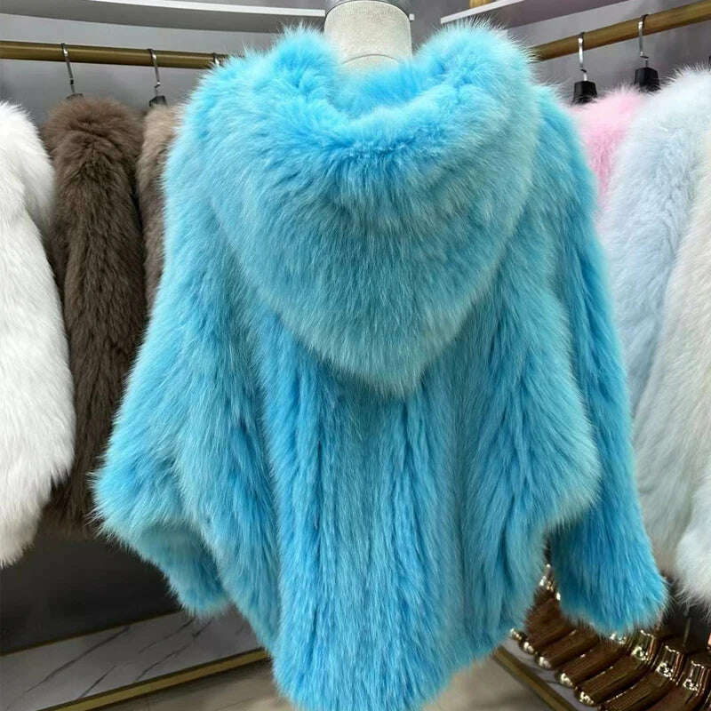 New  Double sided woven 100% fox fur coat, length 110cm hooded coat, Real fur coat women's imported white bear warm clothing