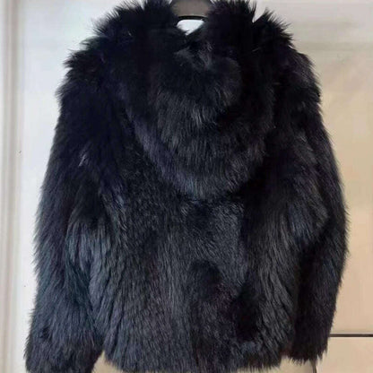New  Double sided woven 100% fox fur coat, length 110cm hooded coat, Real fur coat women's imported white bear warm clothing