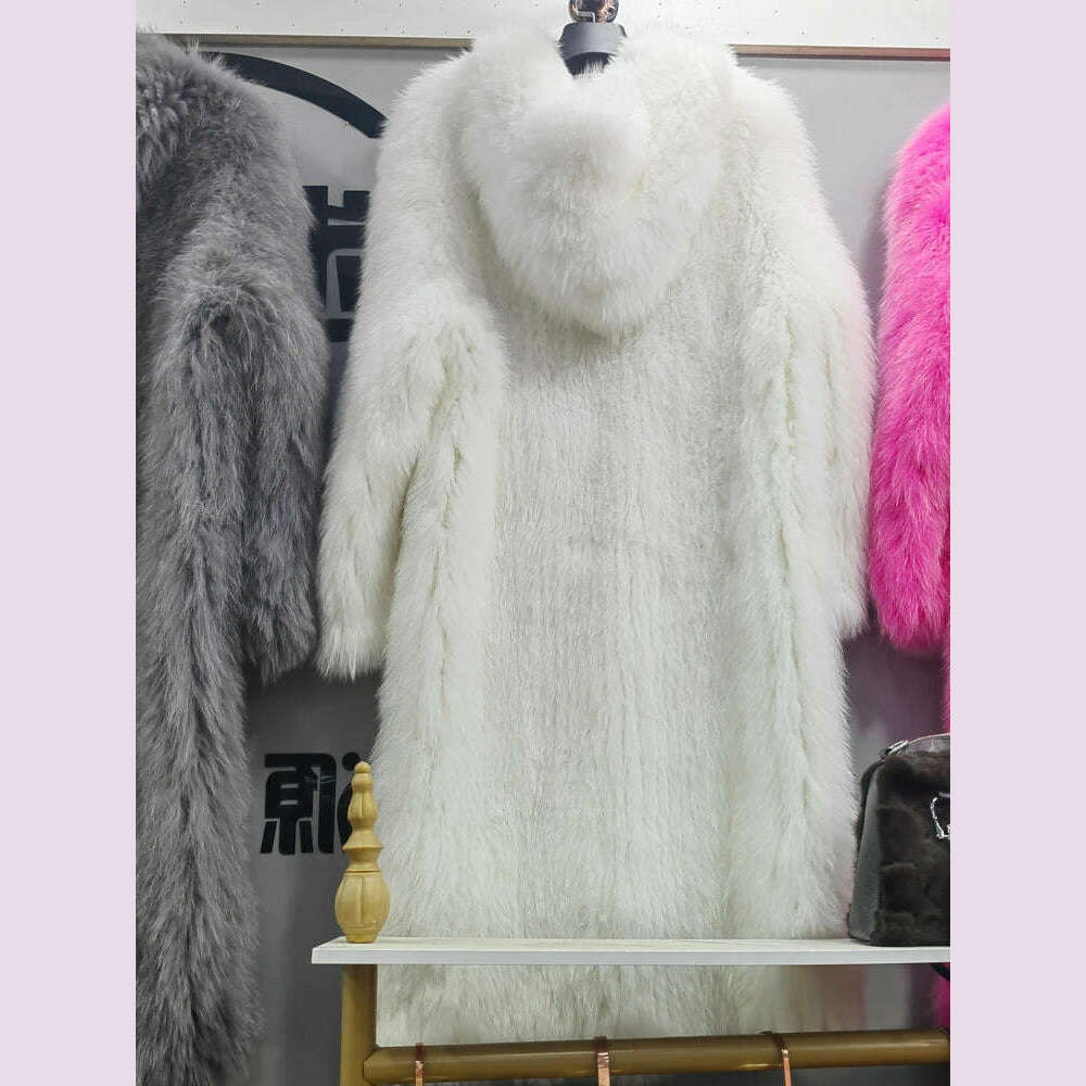 New  Double sided woven 100% fox fur coat, length 110cm hooded coat, Real fur coat women's imported white bear warm clothing