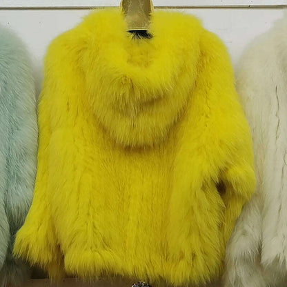 New  Double sided woven 100% fox fur coat, length 110cm hooded coat, Real fur coat women's imported white bear warm clothing