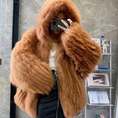 New  Double sided woven 100% fox fur coat, length 110cm hooded coat, Real fur coat women's imported white bear warm clothing