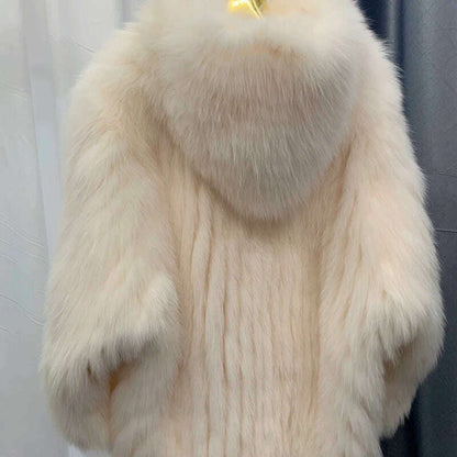 New  Double sided woven 100% fox fur coat, length 110cm hooded coat, Real fur coat women's imported white bear warm clothing