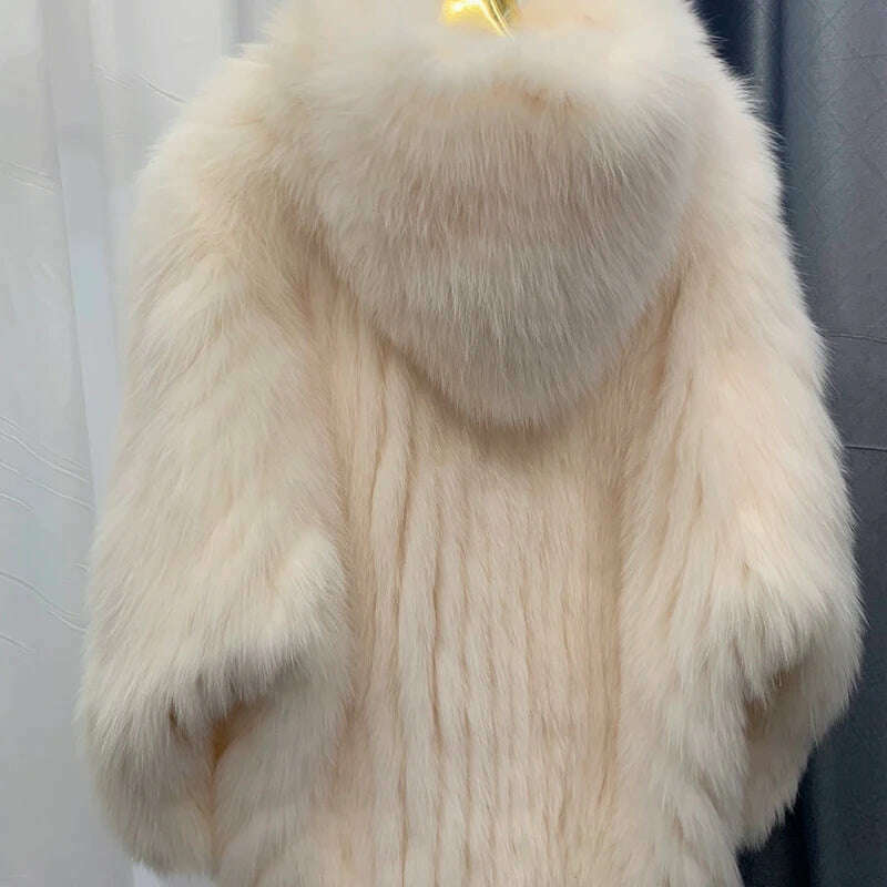 New  Double sided woven 100% fox fur coat, length 110cm hooded coat, Real fur coat women's imported white bear warm clothing