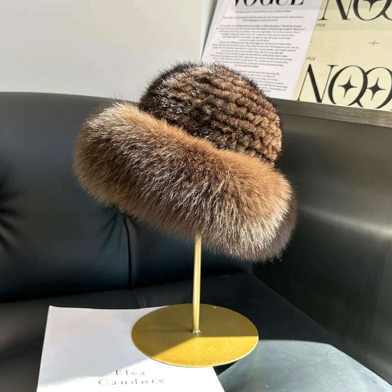 New Genuine Real Natural Mink Fur Hat Cap Luxury Women Handmade Knitted Fashion Winter Headwear Warm Real Fox Fur Beanies