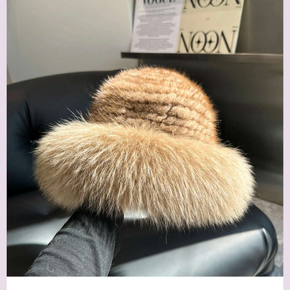 New Genuine Real Natural Mink Fur Hat Cap Luxury Women Handmade Knitted Fashion Winter Headwear Warm Real Fox Fur Beanies