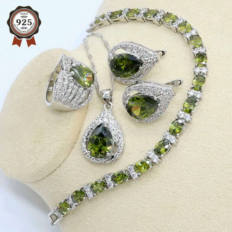 New Green Peridot Zircon Silver 925 Jewelry Set Women Bracelet Earrings Necklace Pendant Ring Birthday Gift