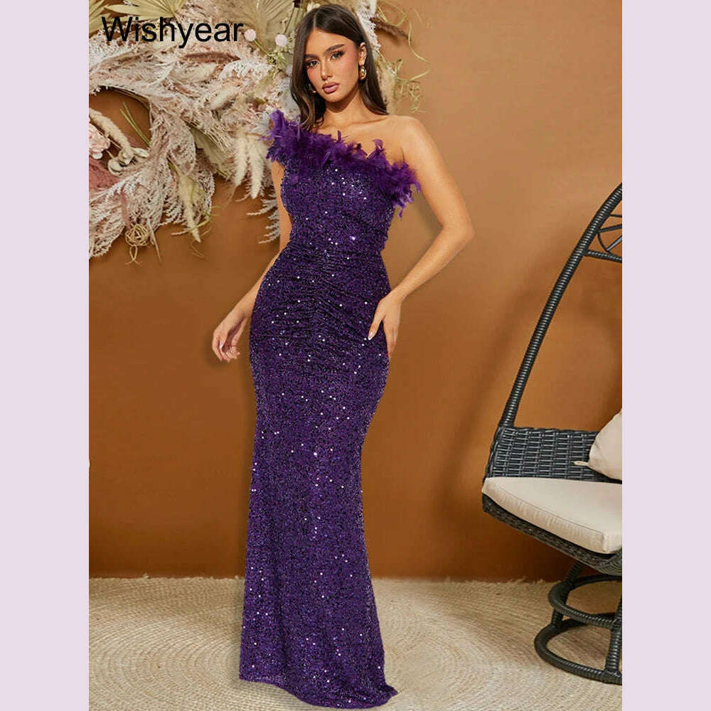 New Luxury Sequined Feather One Shoulder Sleeveless Slanted Collar Backless Purple Long Dress  Women Birthday Party Event Gowns