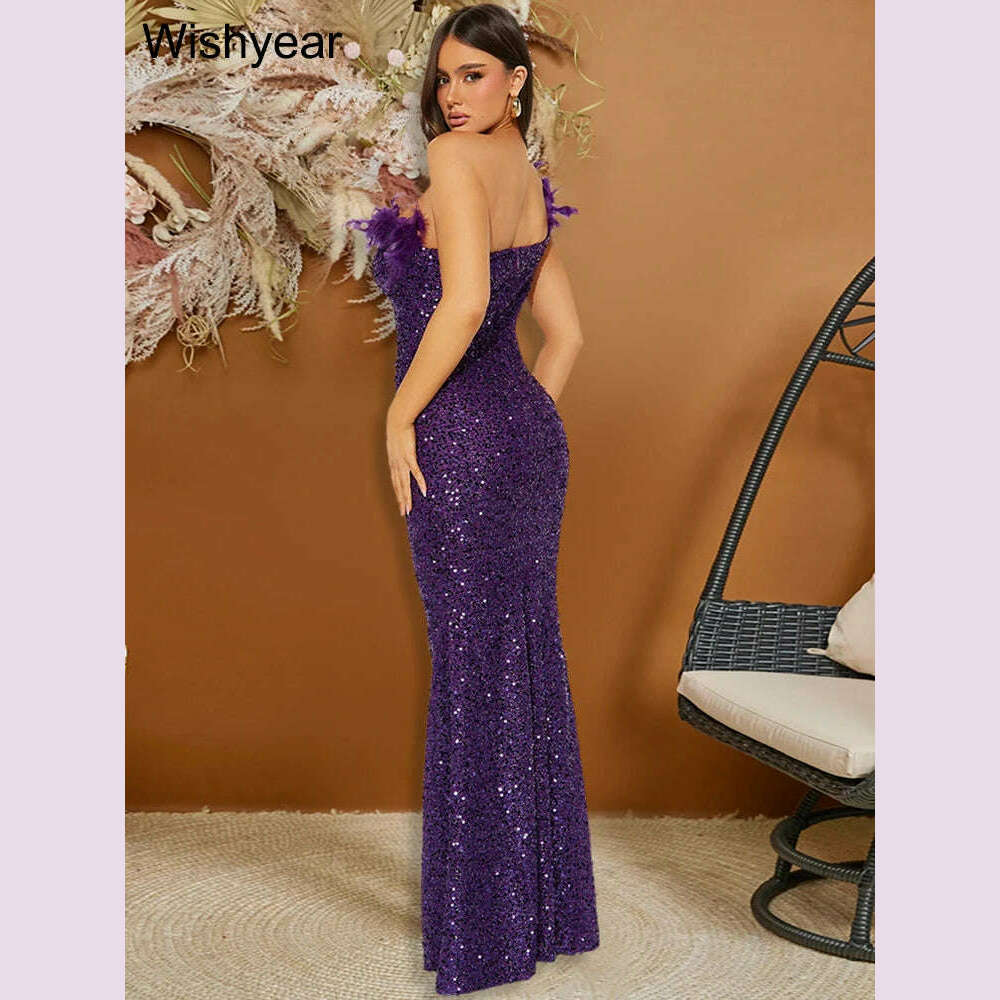 New Luxury Sequined Feather One Shoulder Sleeveless Slanted Collar Backless Purple Long Dress  Women Birthday Party Event Gowns