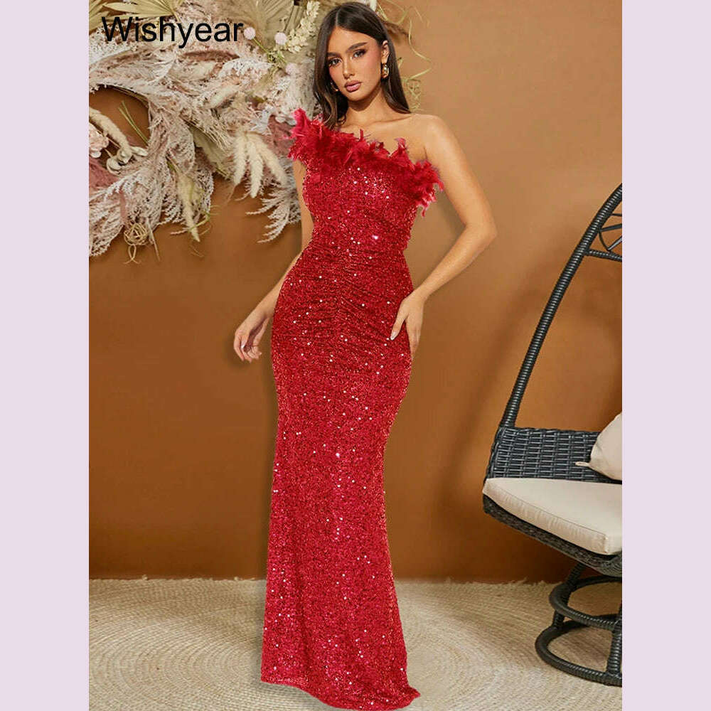New Luxury Sequined Feather One Shoulder Sleeveless Slanted Collar Backless Purple Long Dress  Women Birthday Party Event Gowns