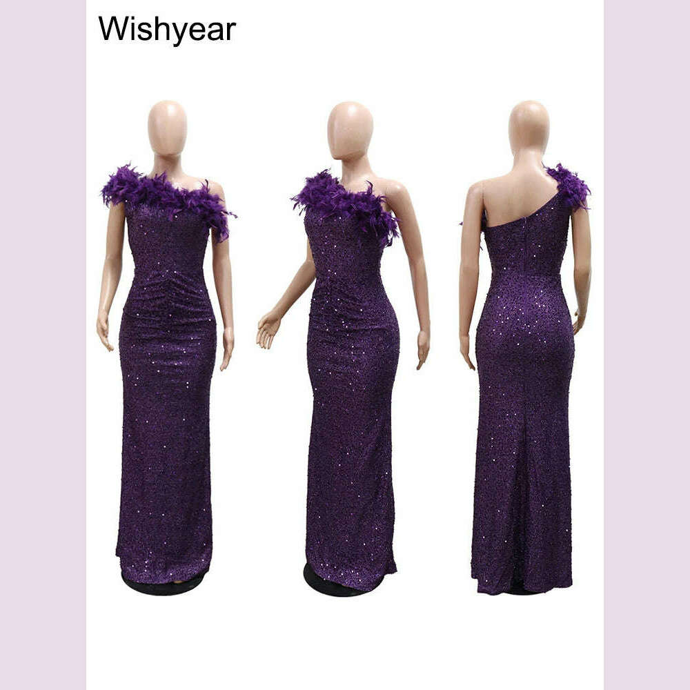 New Luxury Sequined Feather One Shoulder Sleeveless Slanted Collar Backless Purple Long Dress  Women Birthday Party Event Gowns