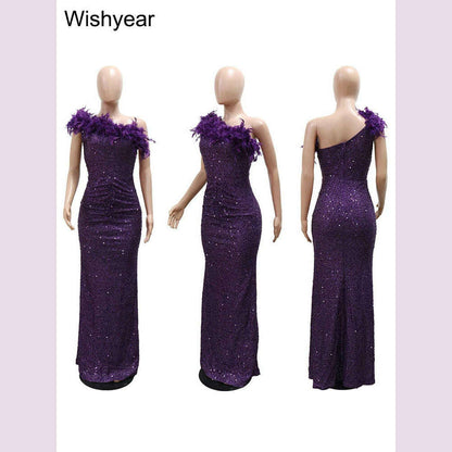 New Luxury Sequined Feather One Shoulder Sleeveless Slanted Collar Backless Purple Long Dress  Women Birthday Party Event Gowns