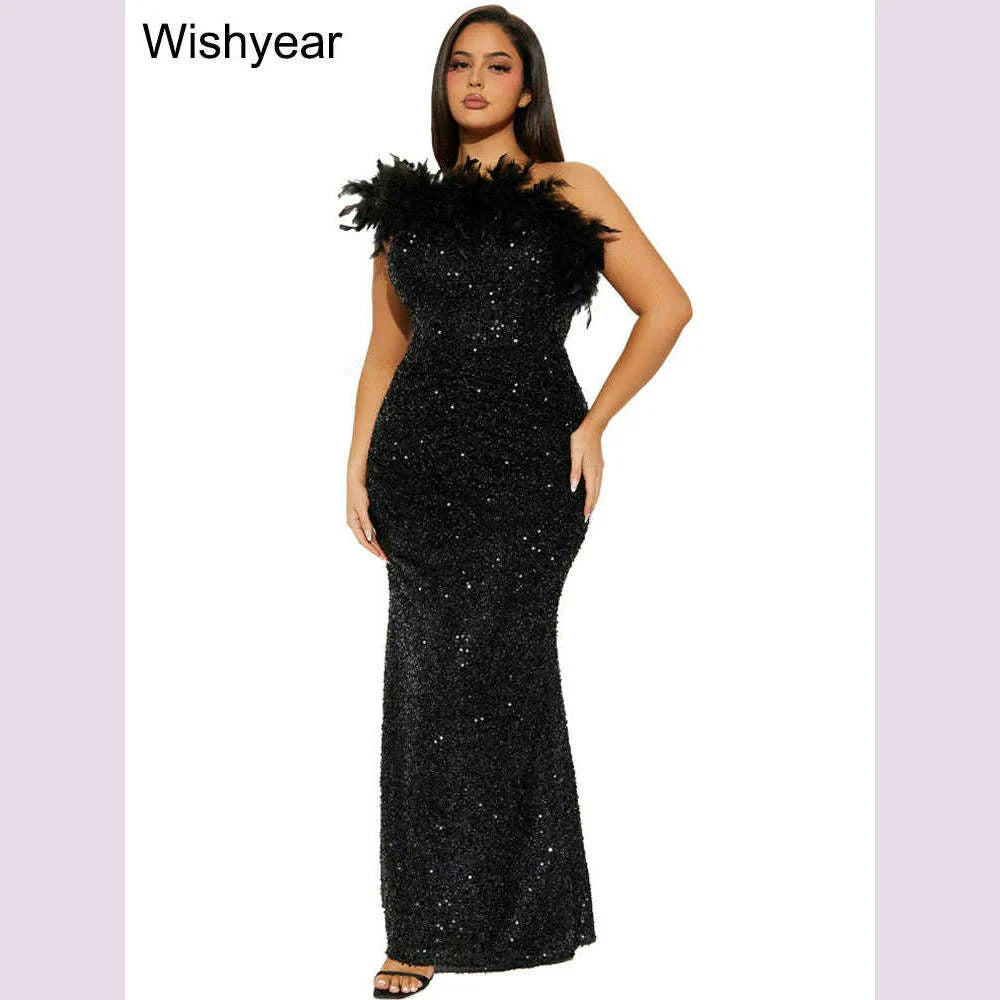 New Luxury Sequined Feather One Shoulder Sleeveless Slanted Collar Backless Purple Long Dress  Women Birthday Party Event Gowns