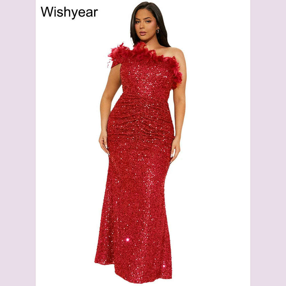 New Luxury Sequined Feather One Shoulder Sleeveless Slanted Collar Backless Purple Long Dress  Women Birthday Party Event Gowns