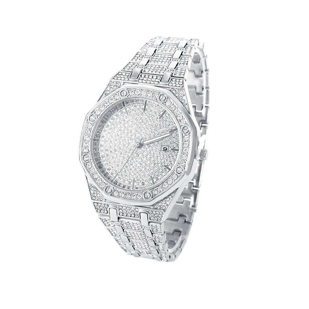 New Punk Men Watch Iced Out Diamond Sparkling Quartz Watches Fashion Hip Hop Classic Silver Color Watch Jewelry Men Women Gift