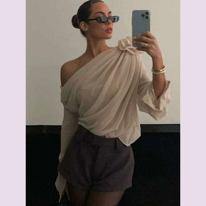 New Slope Shoulder Blouse Asymmetric  Cropped Blouse Apricot  Pile Up Shirts Women Top Autumn New Elegant Fashiin Blouse