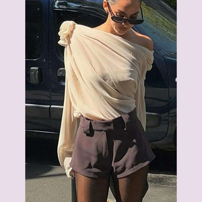 New Slope Shoulder Blouse Asymmetric  Cropped Blouse Apricot  Pile Up Shirts Women Top Autumn New Elegant Fashiin Blouse