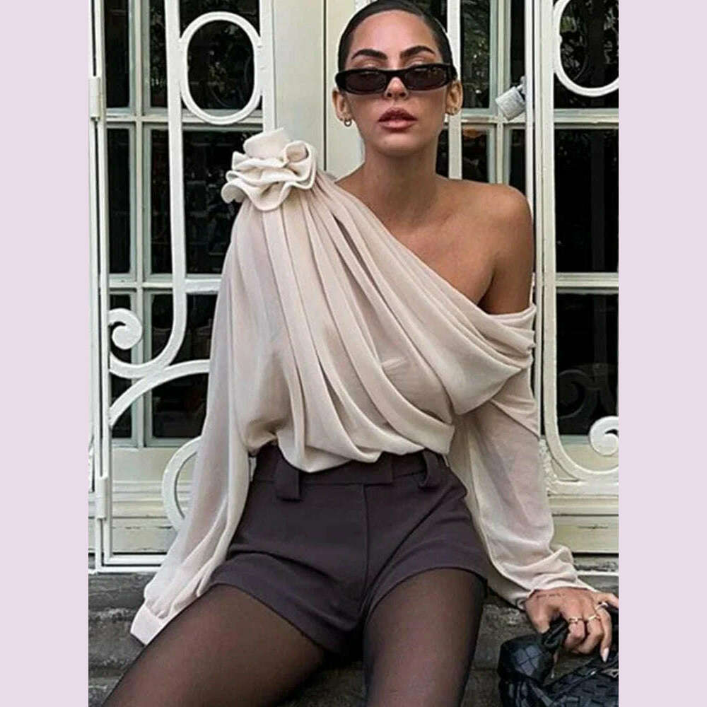 New Slope Shoulder Blouse Asymmetric  Cropped Blouse Apricot  Pile Up Shirts Women Top Autumn New Elegant Fashiin Blouse