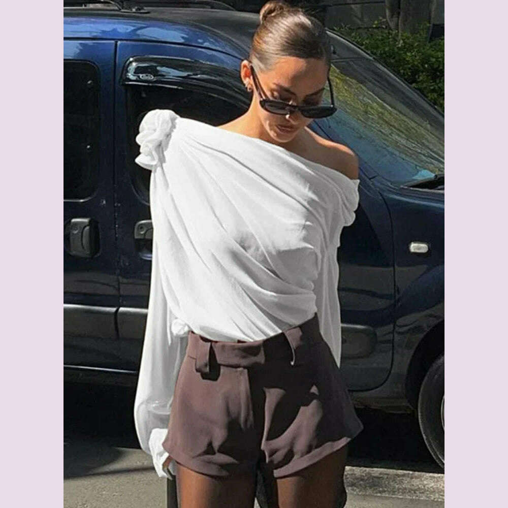 New Slope Shoulder Blouse Asymmetric  Cropped Blouse Apricot  Pile Up Shirts Women Top Autumn New Elegant Fashiin Blouse