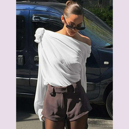 New Slope Shoulder Blouse Asymmetric  Cropped Blouse Apricot  Pile Up Shirts Women Top Autumn New Elegant Fashiin Blouse